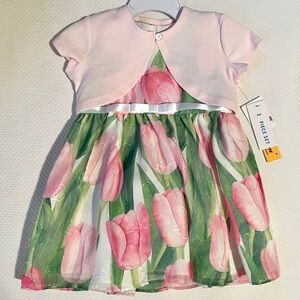 NWT 18M🌷 Baby Girl Tulip Print Dress & Pink Cardigan Bolero by Purple Rose